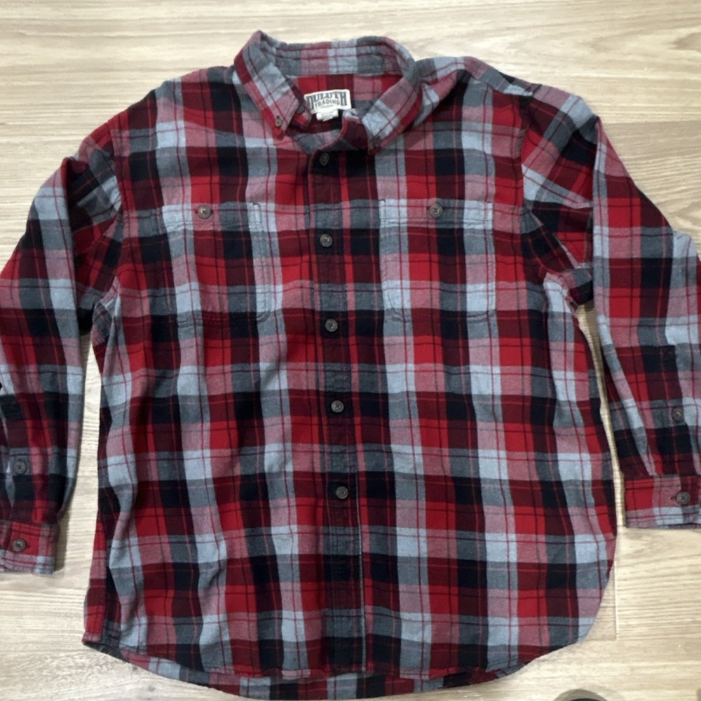 Duluth Trading Co Plaid Flannel Cotton Button-Down Shirt Red Gray Black Men's XL